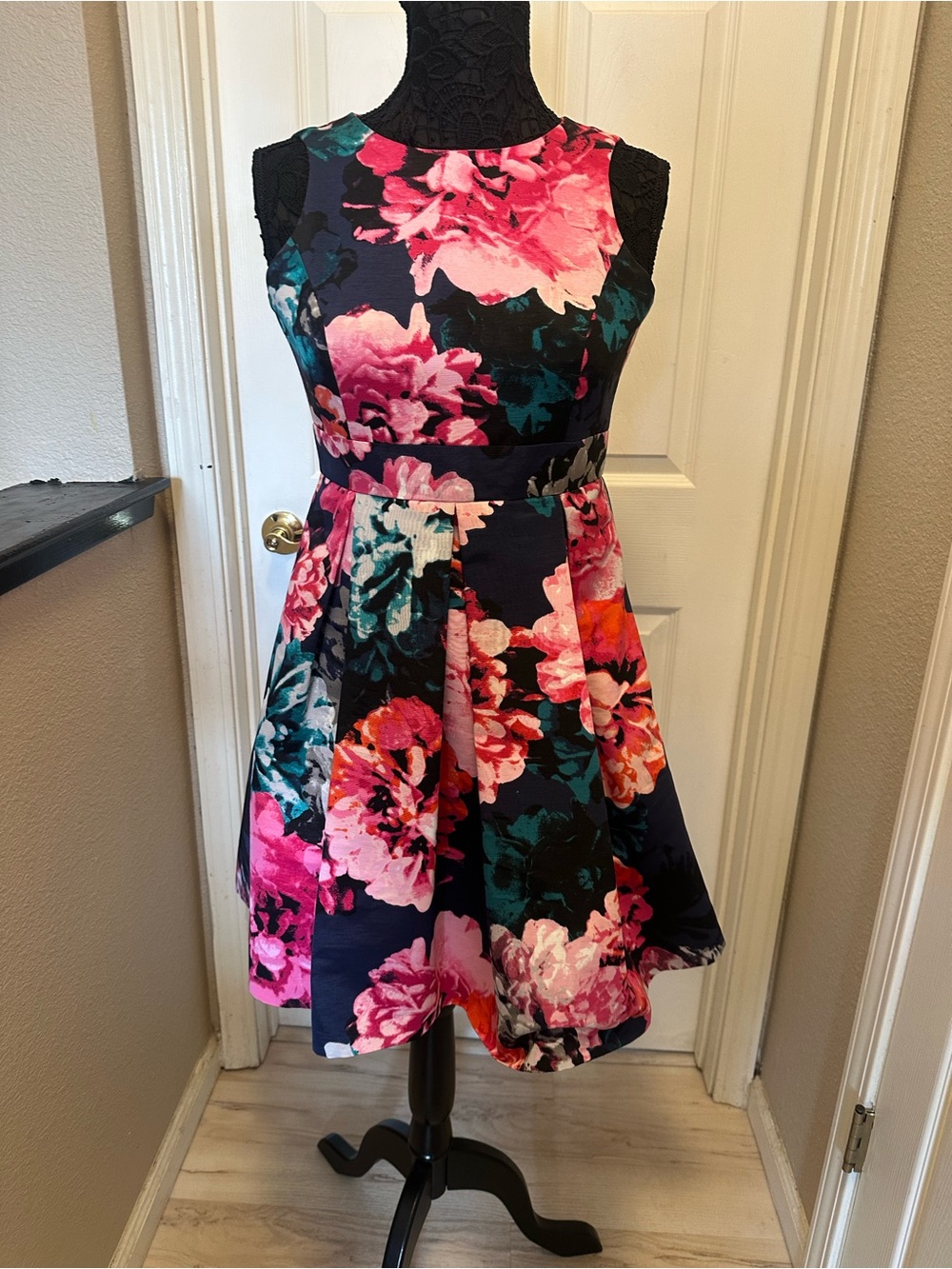 Eliza J Navy Floral Fit-and-Flare Dress with Pink & Teal Blooms
